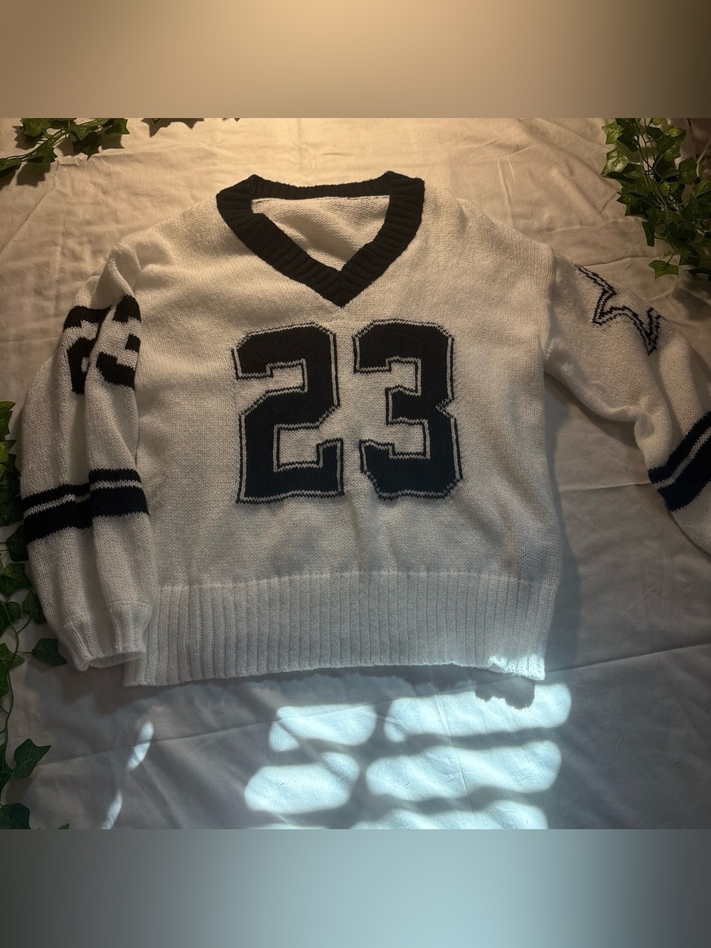 White V-Neck Football Pullover Sweater with Navy Trim and 23 Patch
